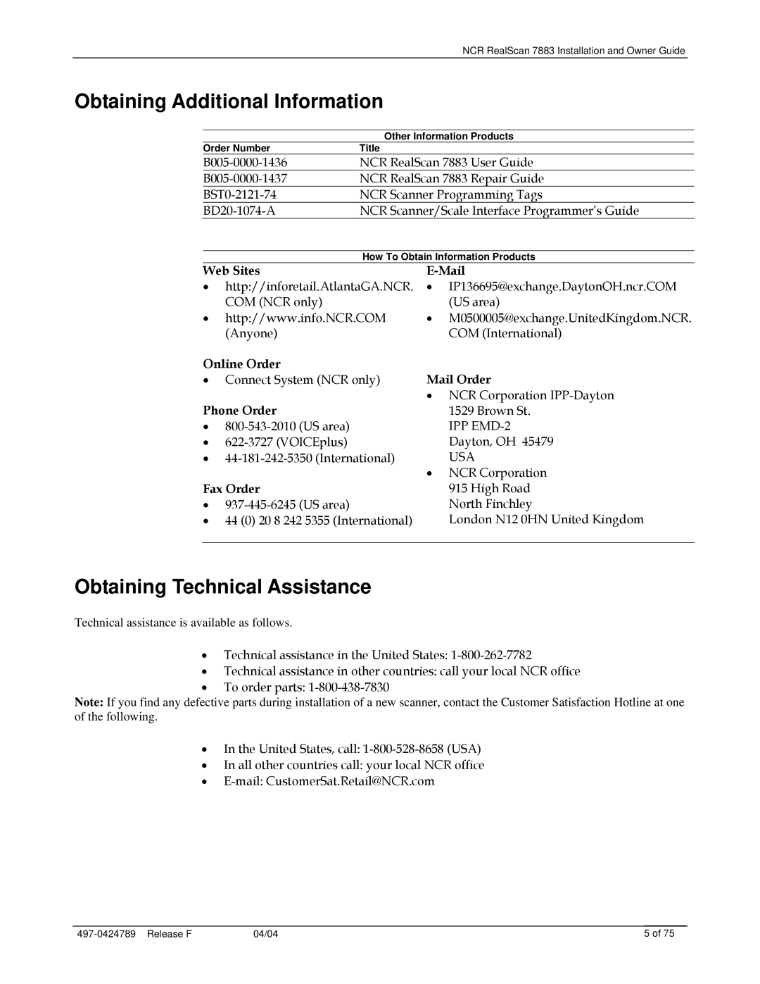 NCR 7883 manual Obtaining Additional Information, Obtaining Technical Assistance 