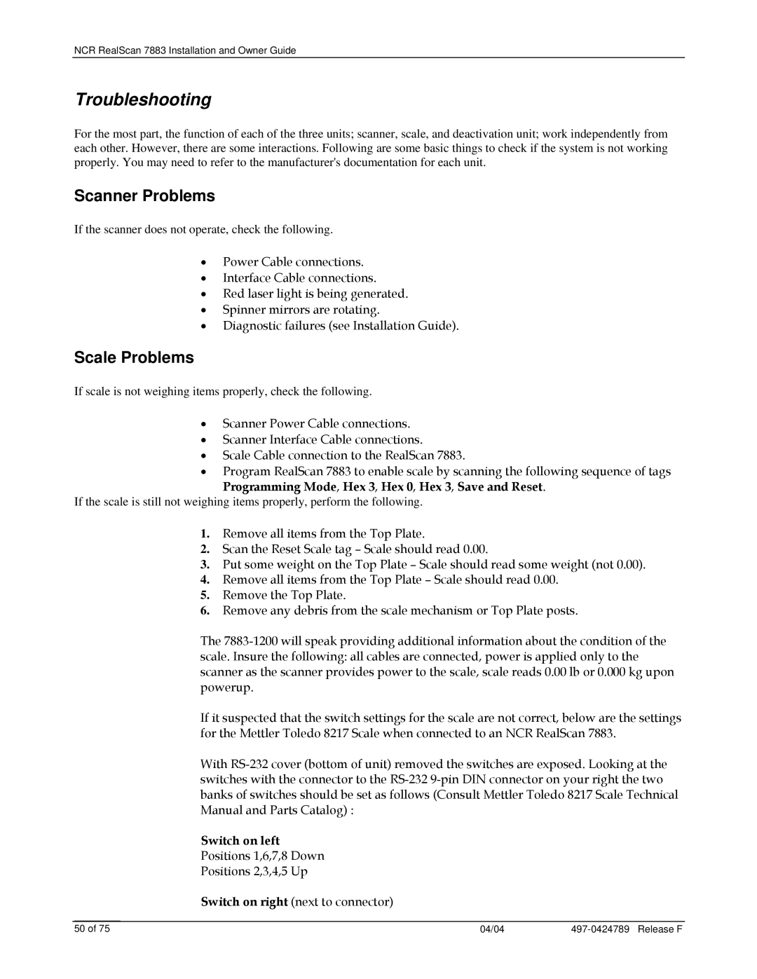 NCR 7883 manual Troubleshooting, Scanner Problems, Scale Problems 