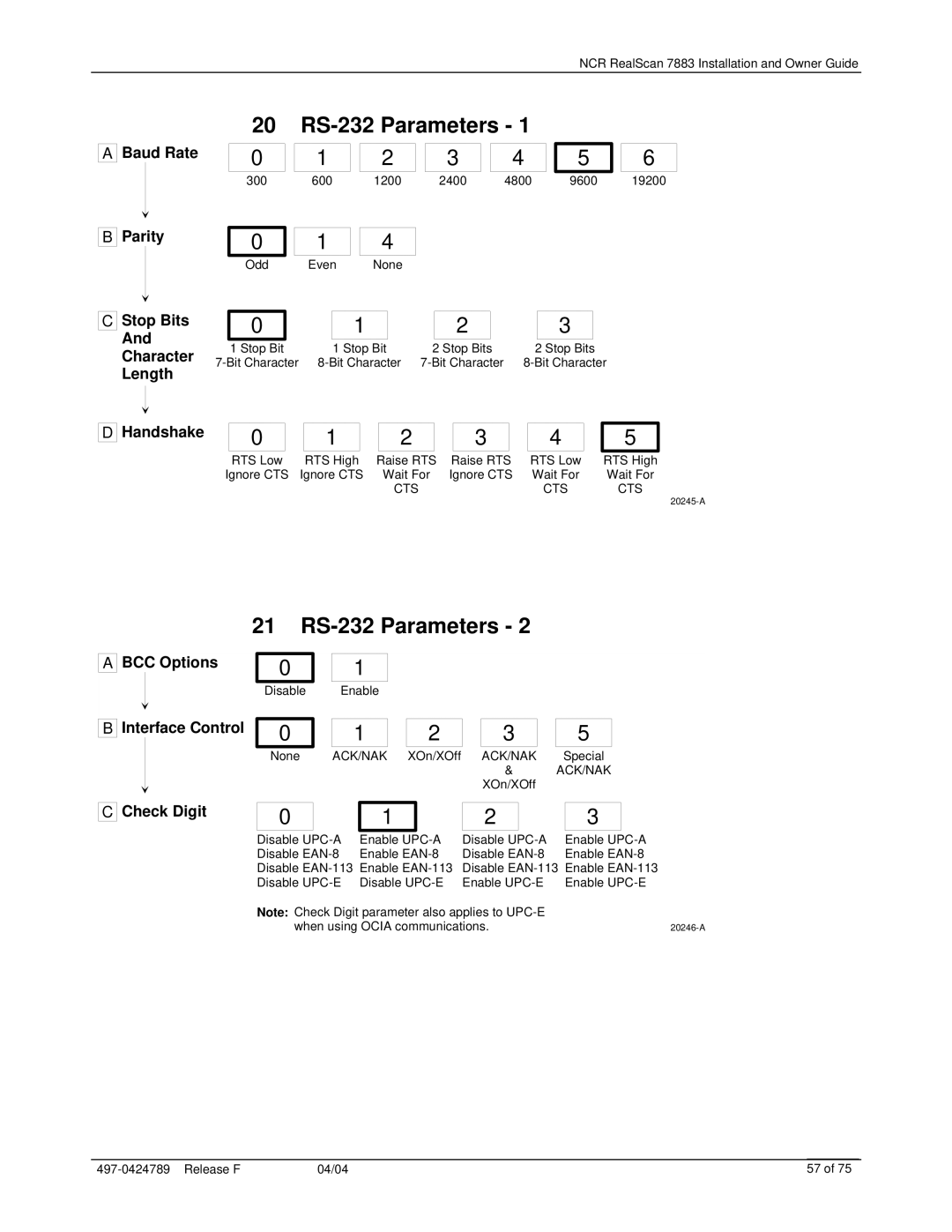 NCR 7883 manual 20 RS-232 Parameters, 21 RS-232 Parameters 