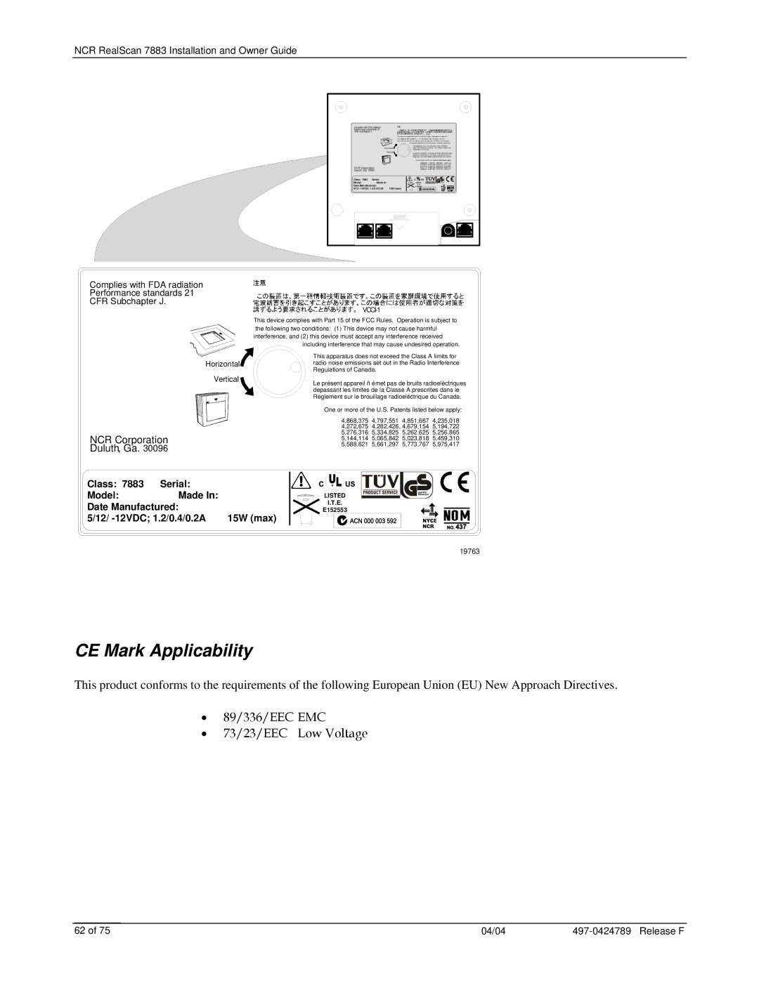 NCR 7883 manual CE Mark Applicability, NCR Corporation Duluth, Ga 