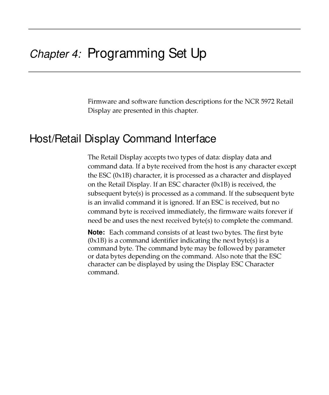 NCR NCR 5972 manual Programming Set Up, Host/Retail Display Command Interface 