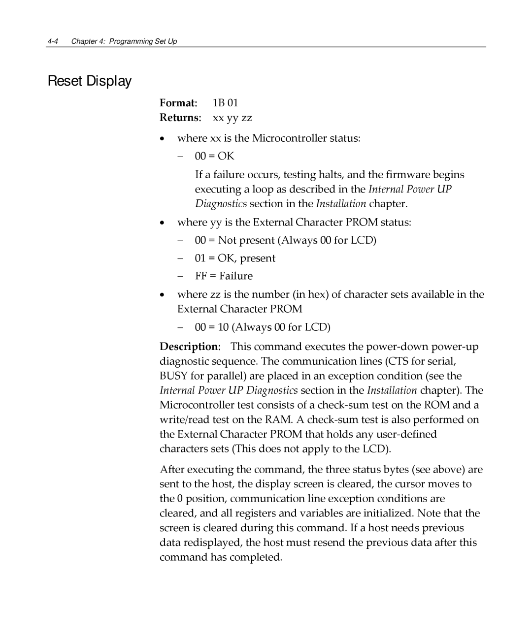 NCR NCR 5972 manual Reset Display, Format 1B Returns xx yy zz 