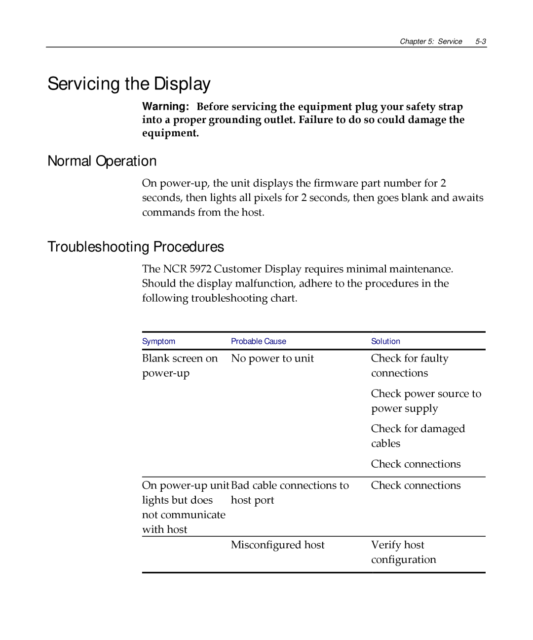 NCR NCR 5972 manual Servicing the Display, Normal Operation, Troubleshooting Procedures 