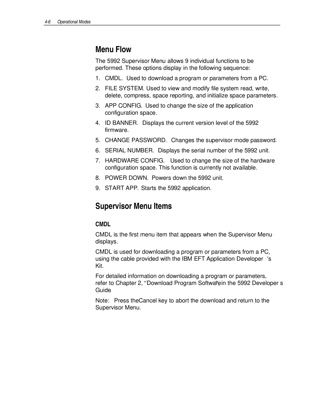 NCR NCR 5992 manual Menu Flow, Supervisor Menu Items 