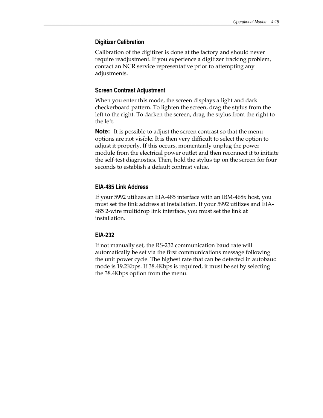 NCR NCR 5992 manual Digitizer Calibration, Screen Contrast Adjustment, EIA-485 Link Address, EIA-232 