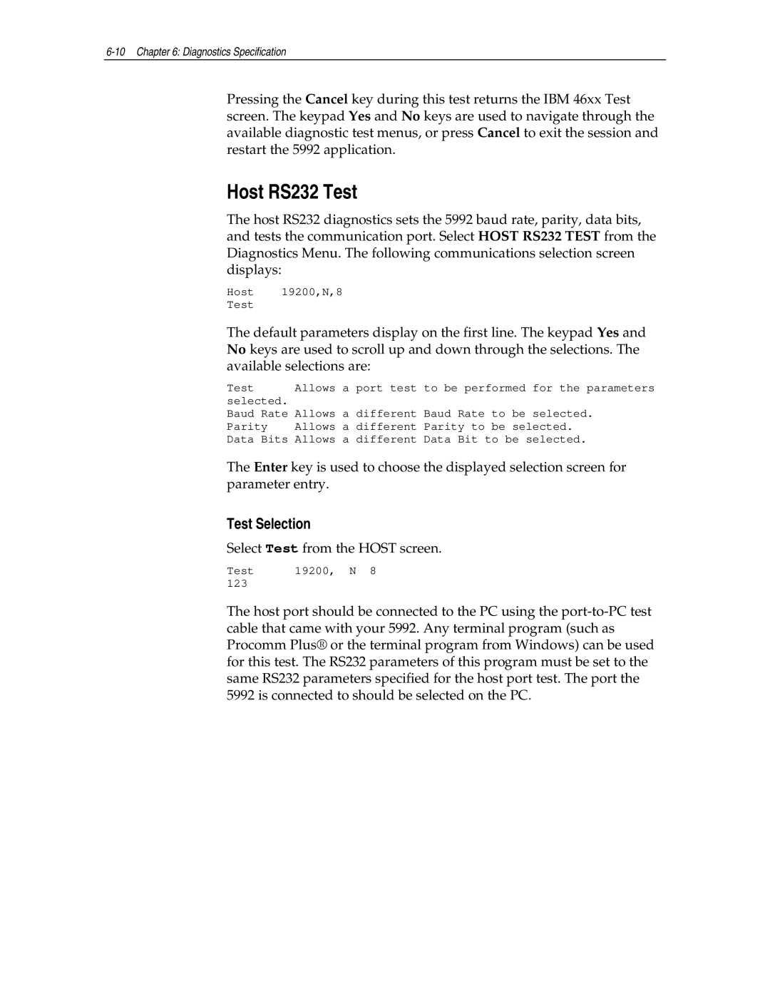 NCR NCR 5992 manual Host RS232 Test, Test Selection 