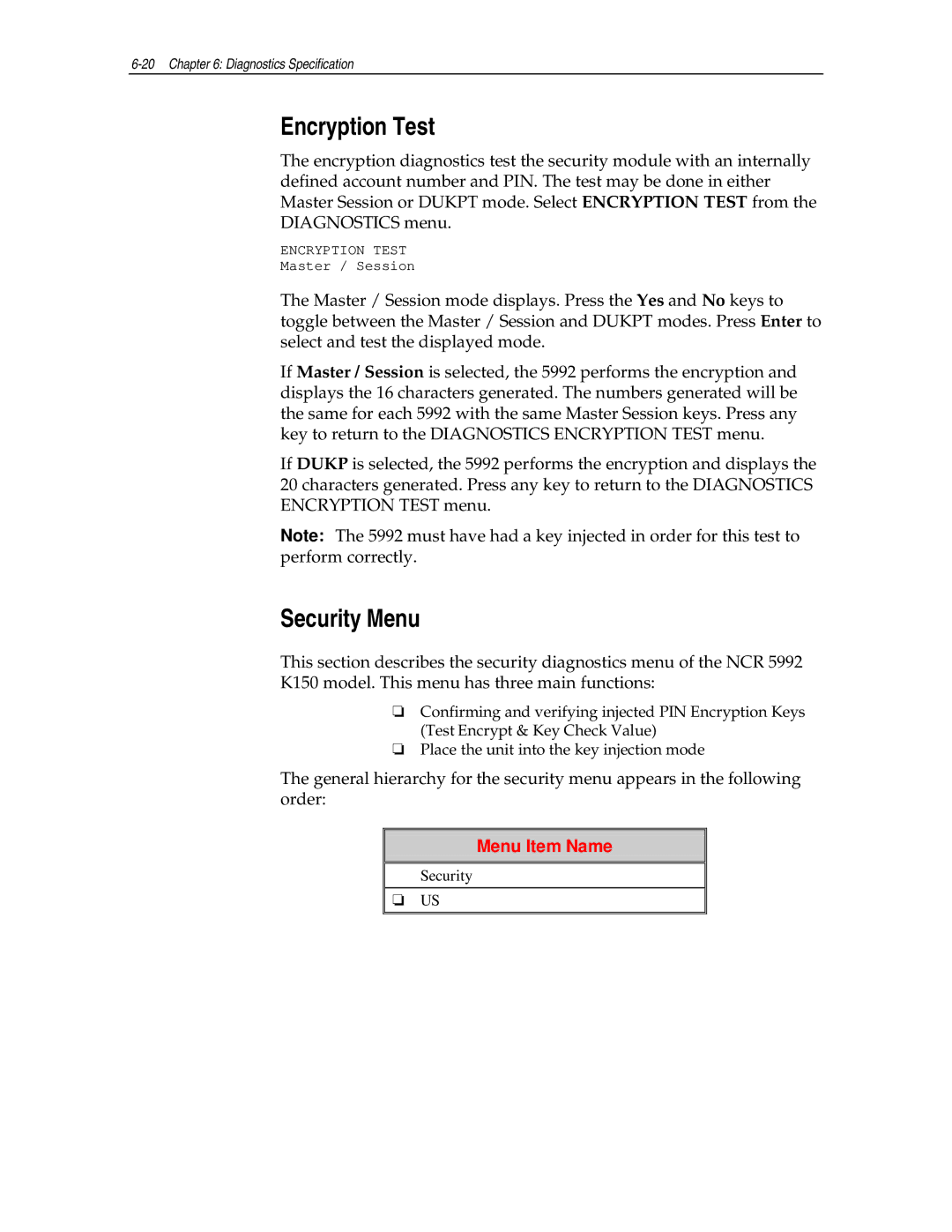 NCR NCR 5992 manual Encryption Test, Security Menu 