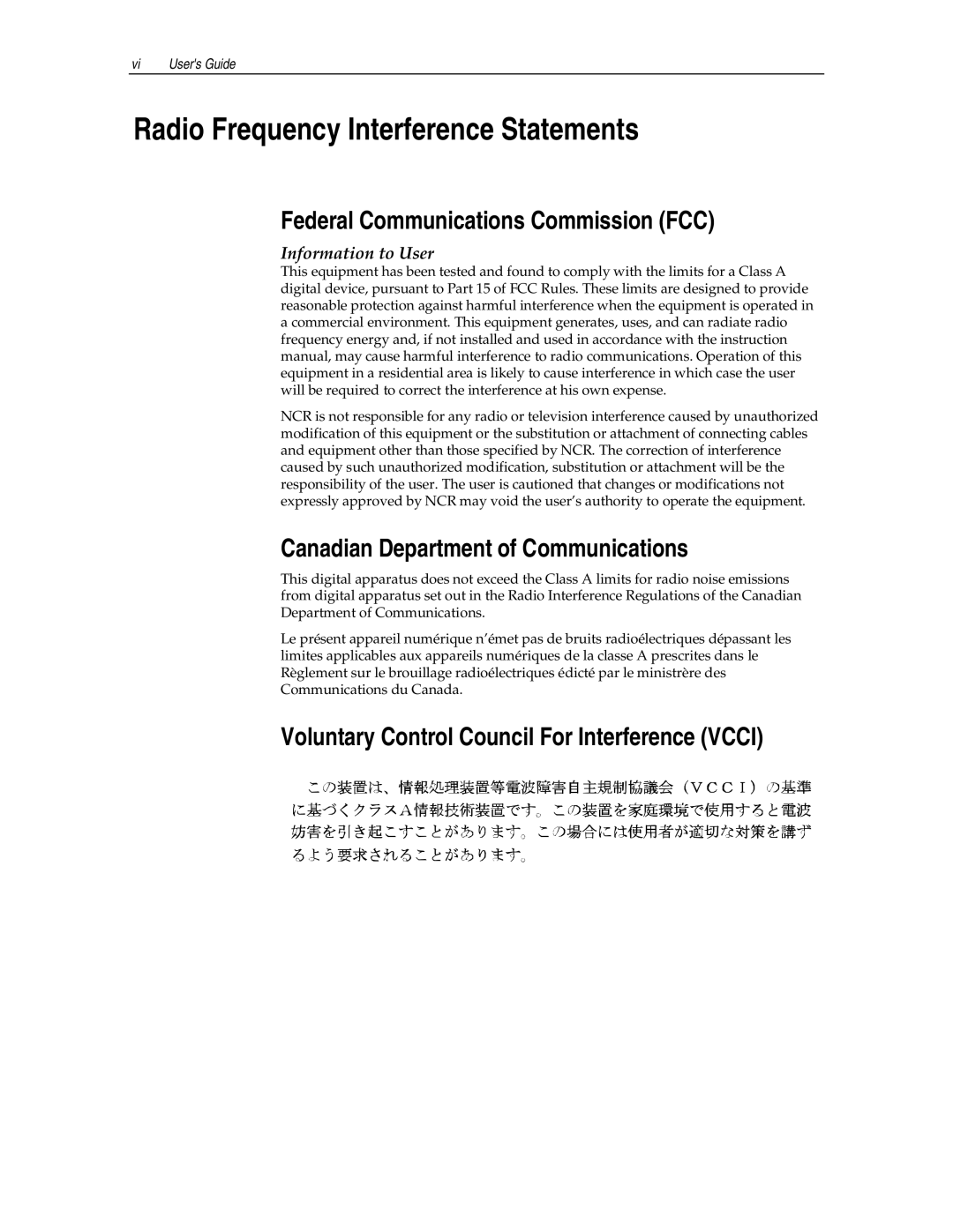 NCR NCR 5992 manual Radio Frequency Interference Statements, Federal Communications Commission FCC 