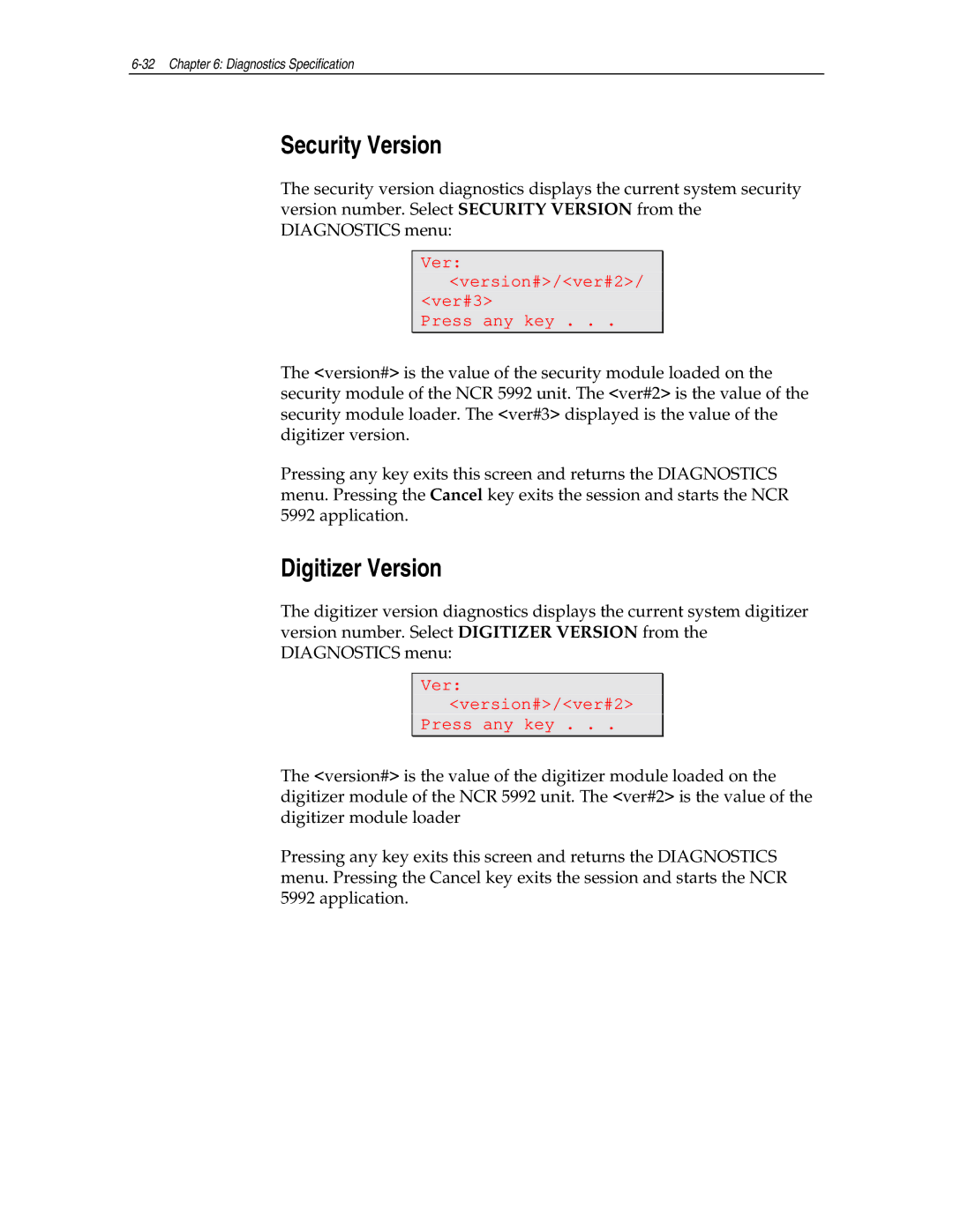 NCR NCR 5992 manual Security Version, Digitizer Version 