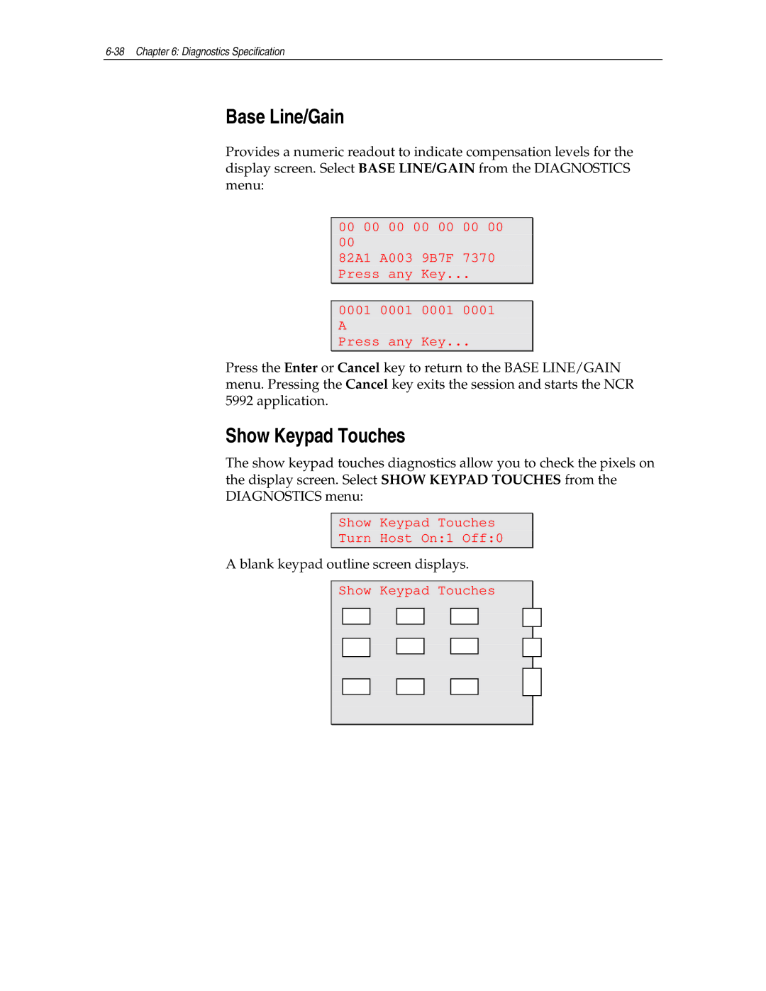 NCR NCR 5992 manual Base Line/Gain, Show Keypad Touches 