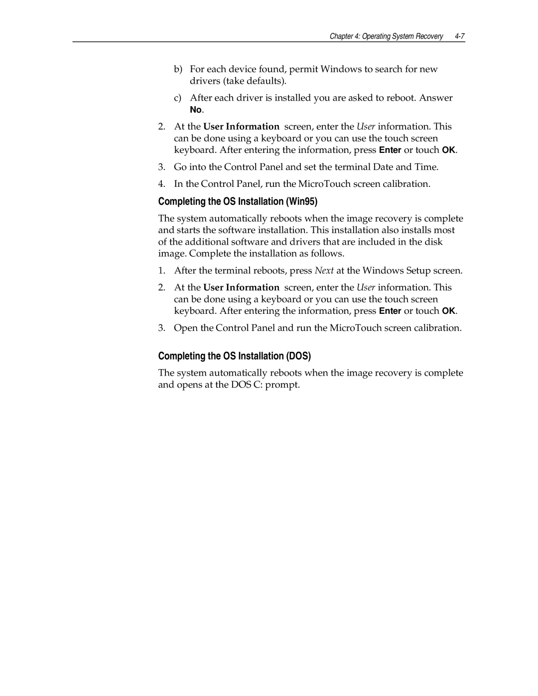 NCR NCR7454 manual Completing the OS Installation Win95 