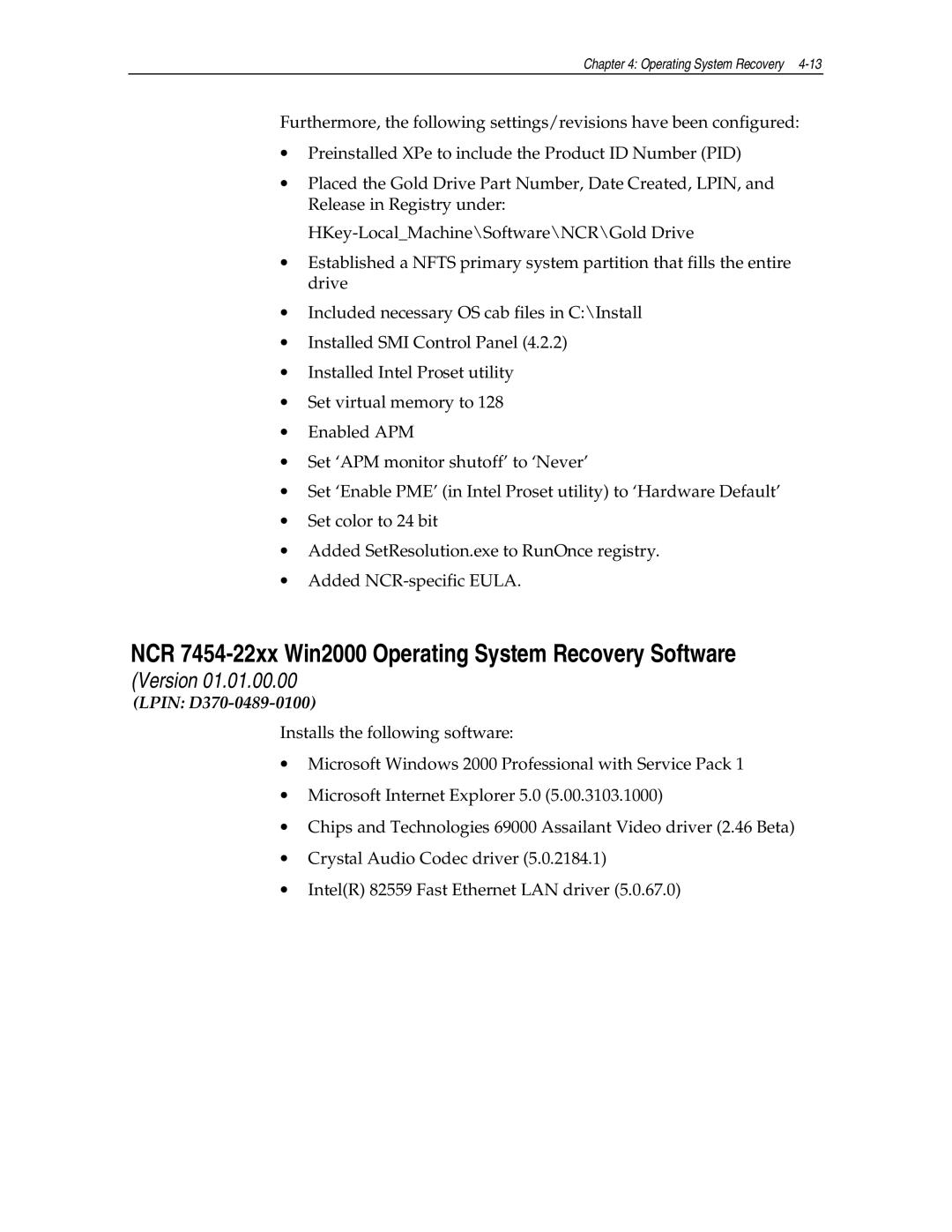 NCR NCR7454 manual NCR 7454-22xx Win2000 Operating System Recovery Software, Lpin D370-0489-0100 