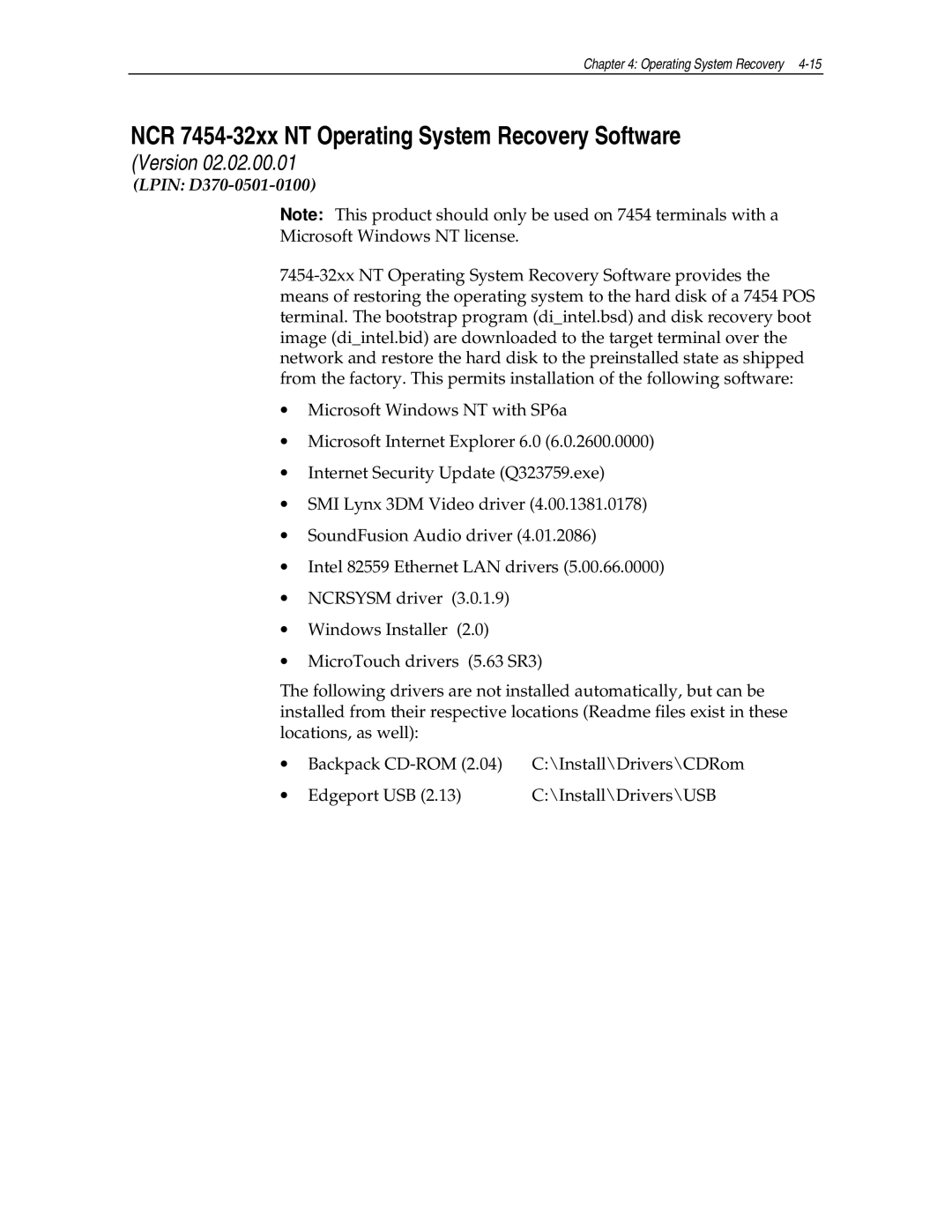 NCR NCR7454 manual NCR 7454-32xx NT Operating System Recovery Software, Lpin D370-0501-0100 