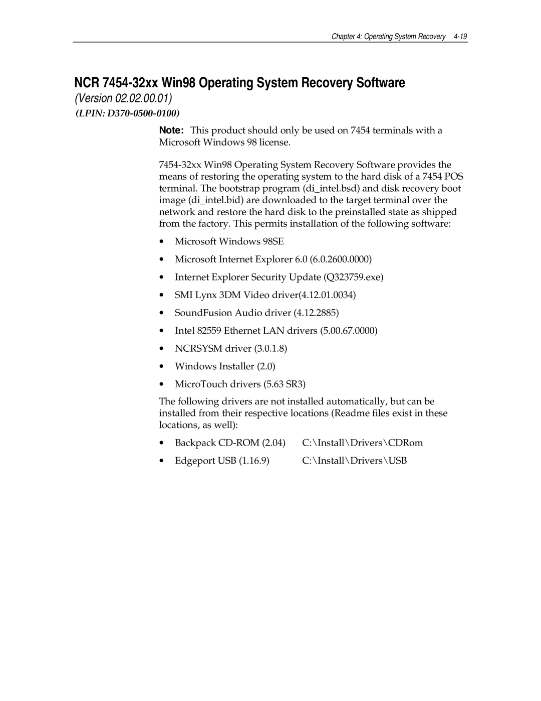 NCR NCR7454 manual NCR 7454-32xx Win98 Operating System Recovery Software, Lpin D370-0500-0100 