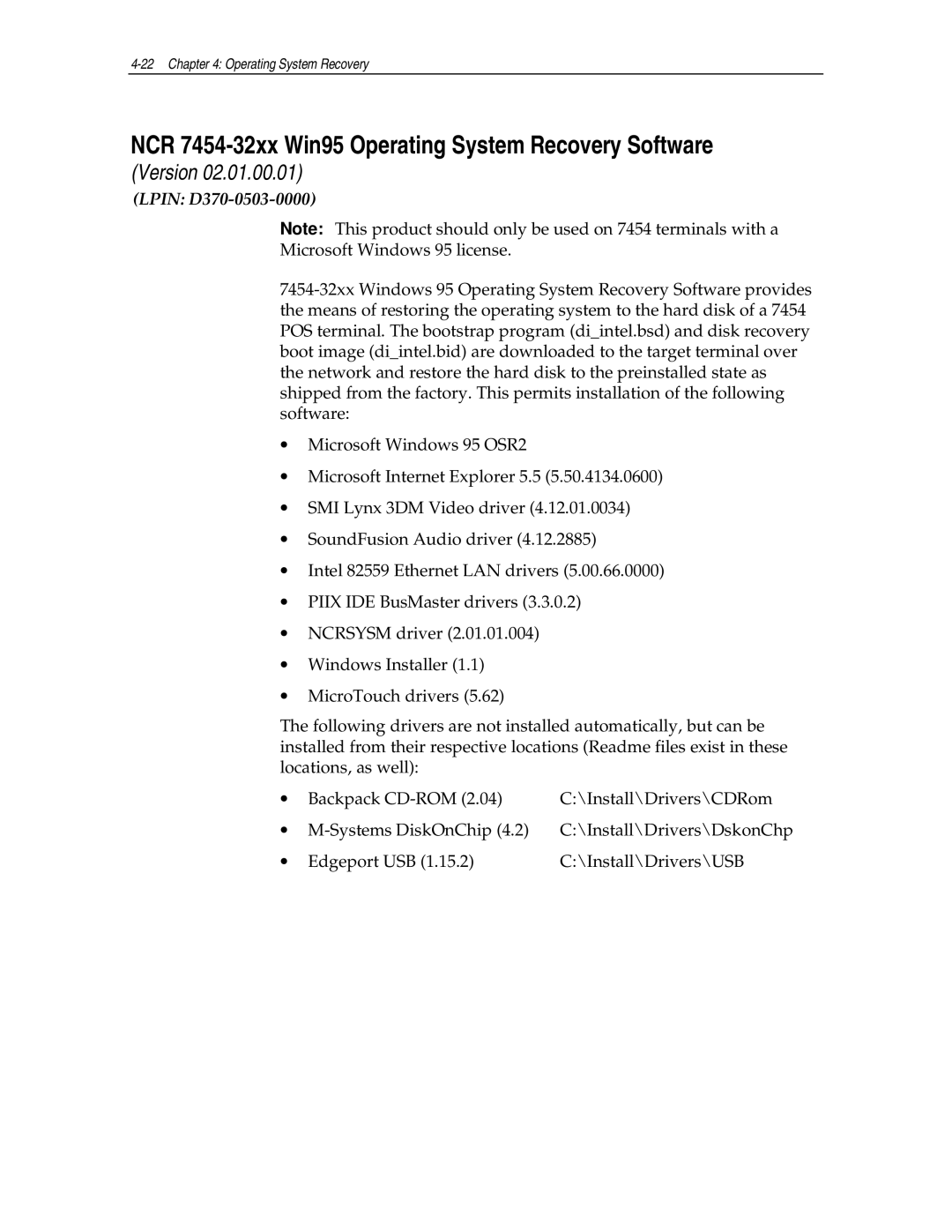 NCR NCR7454 manual NCR 7454-32xx Win95 Operating System Recovery Software, Lpin D370-0503-0000 