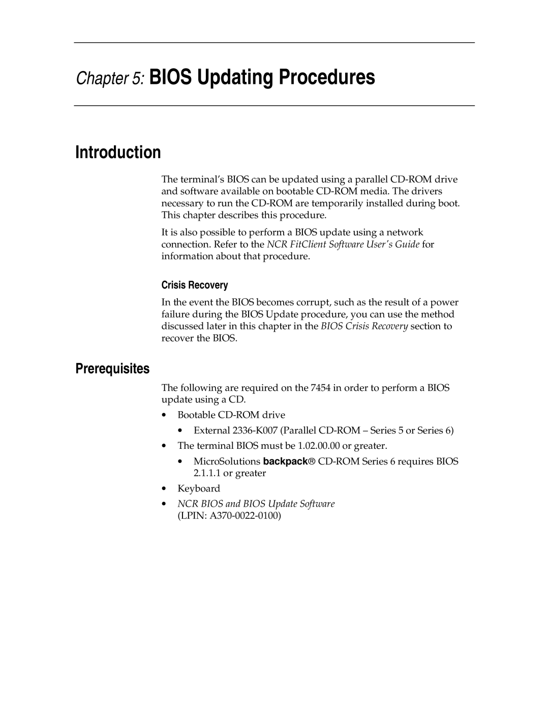 NCR NCR7454 manual Bios Updating Procedures, Crisis Recovery 