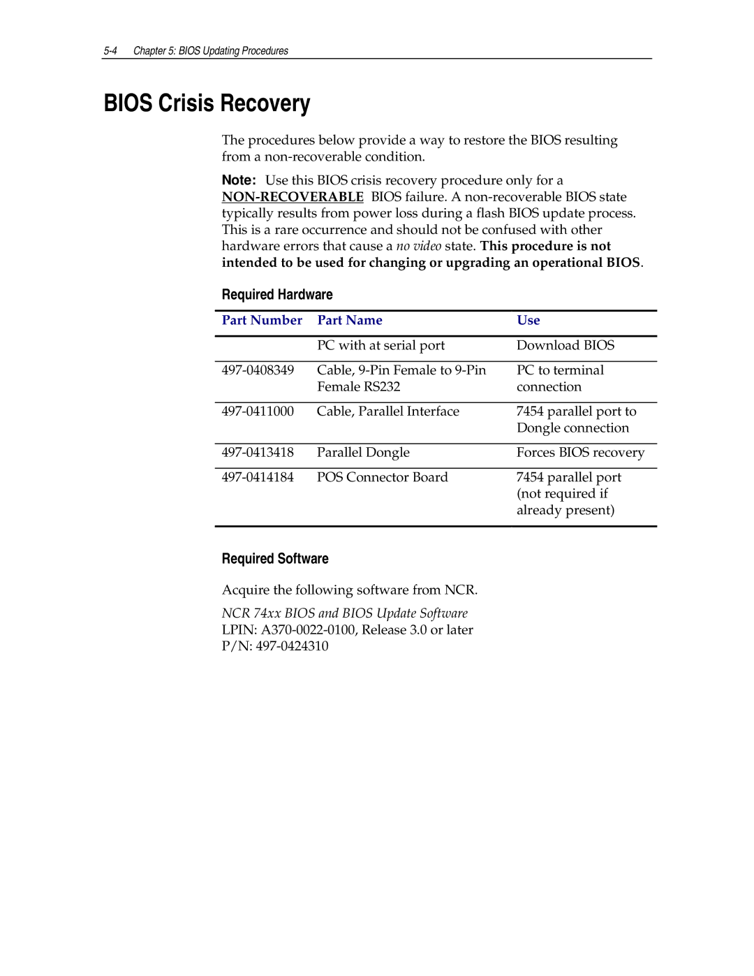 NCR NCR7454 manual Bios Crisis Recovery, Required Hardware, Required Software 