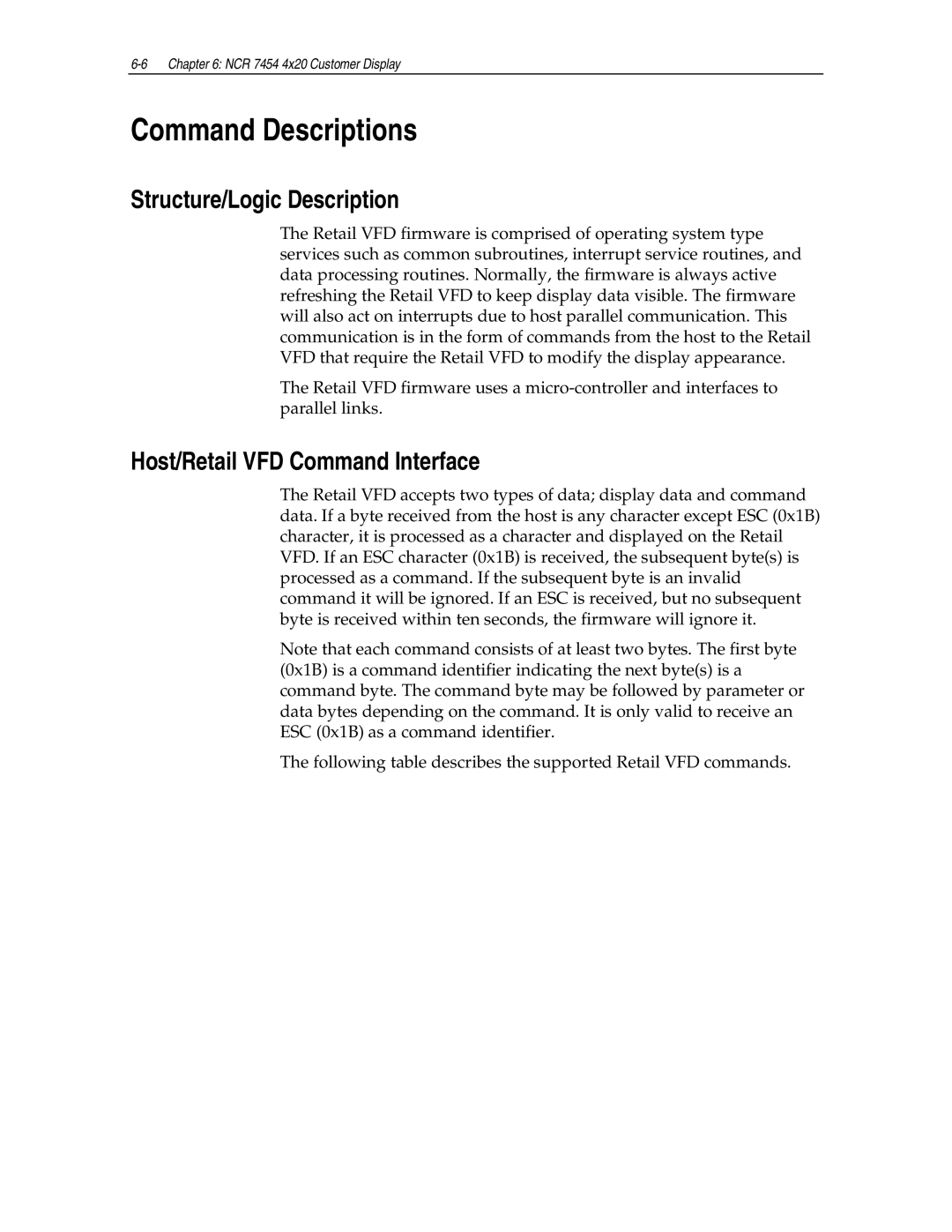 NCR NCR7454 manual Command Descriptions, Structure/Logic Description, Host/Retail VFD Command Interface 