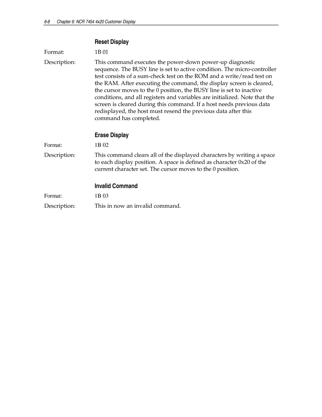 NCR NCR7454 manual Reset Display, Erase Display, Invalid Command 