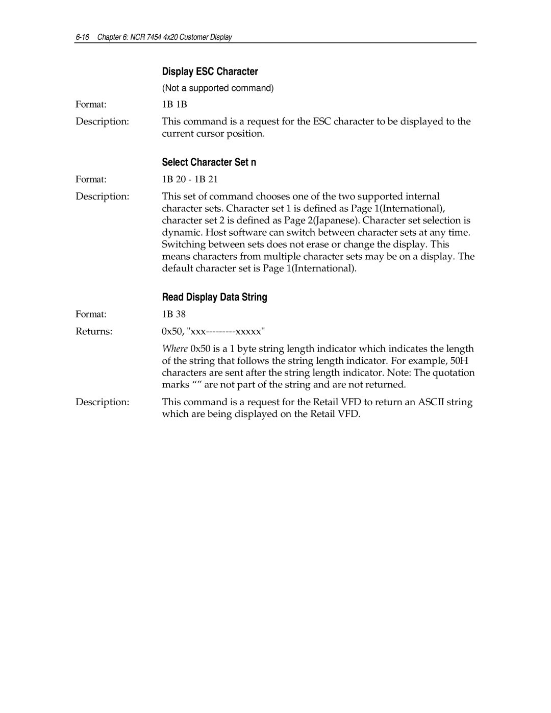 NCR NCR7454 manual Display ESC Character, Select Character Set n, Read Display Data String 