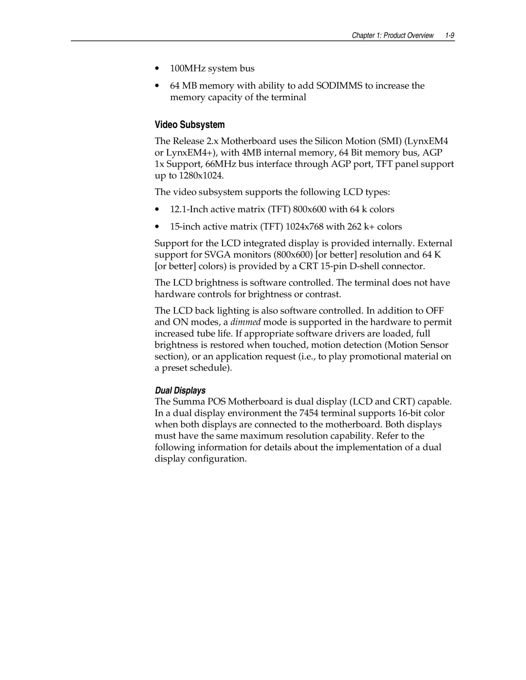 NCR NCR7454 manual Video Subsystem, Dual Displays 