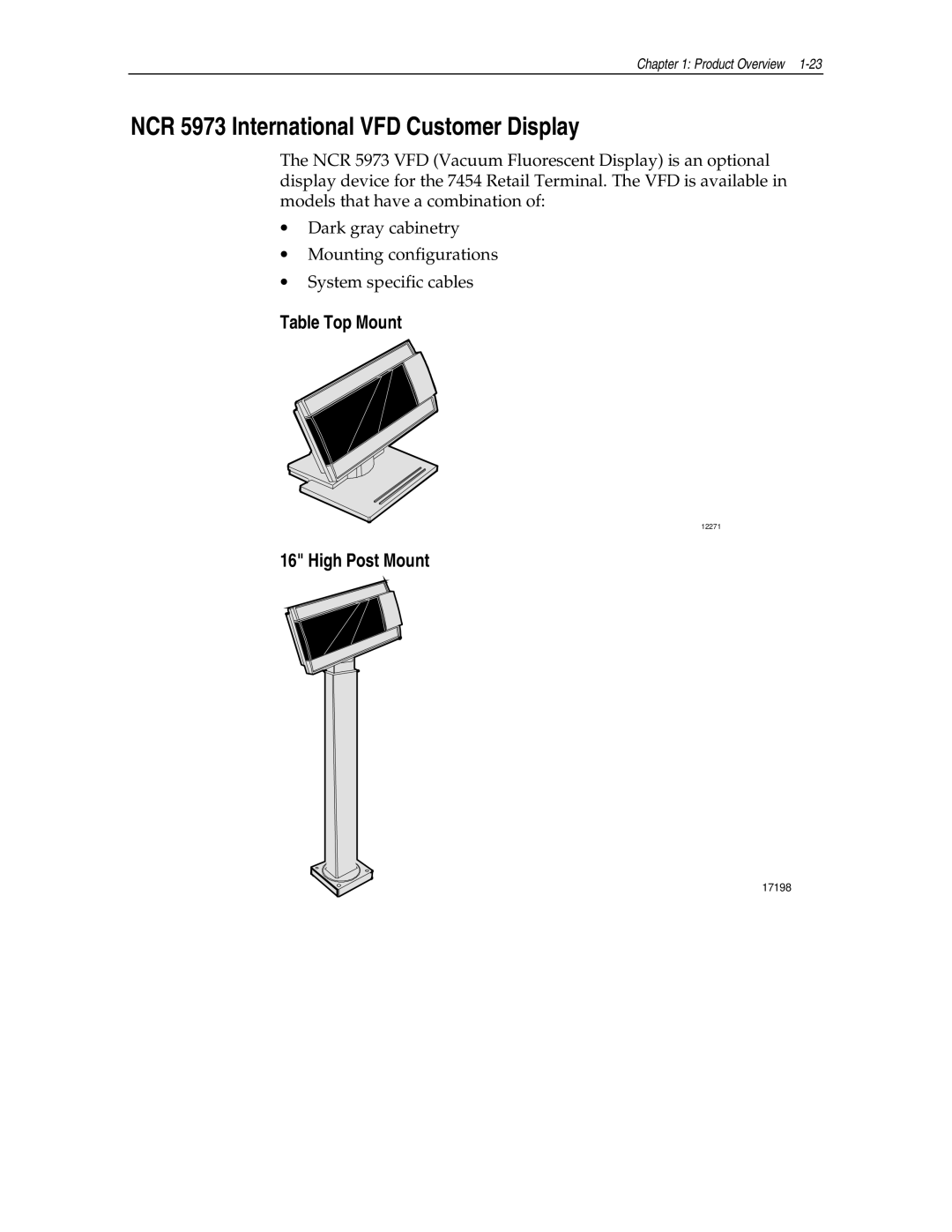 NCR NCR7454 manual NCR 5973 International VFD Customer Display, Table Top Mount, High Post Mount 