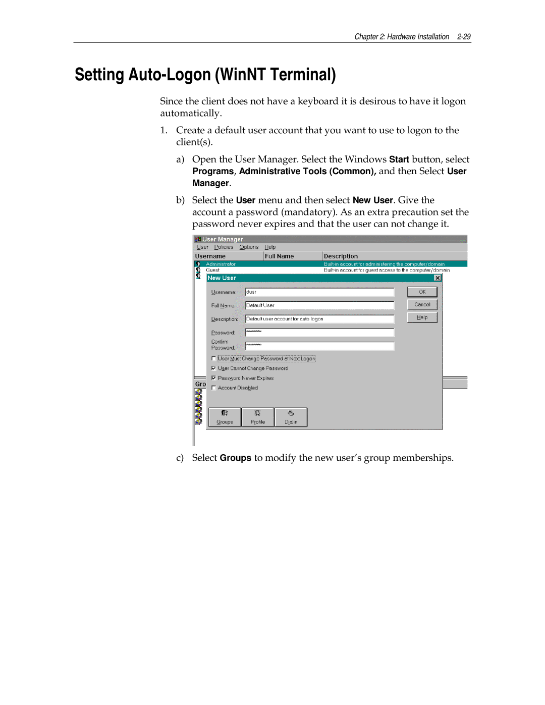 NCR NCR7454 manual Setting Auto-Logon WinNT Terminal 