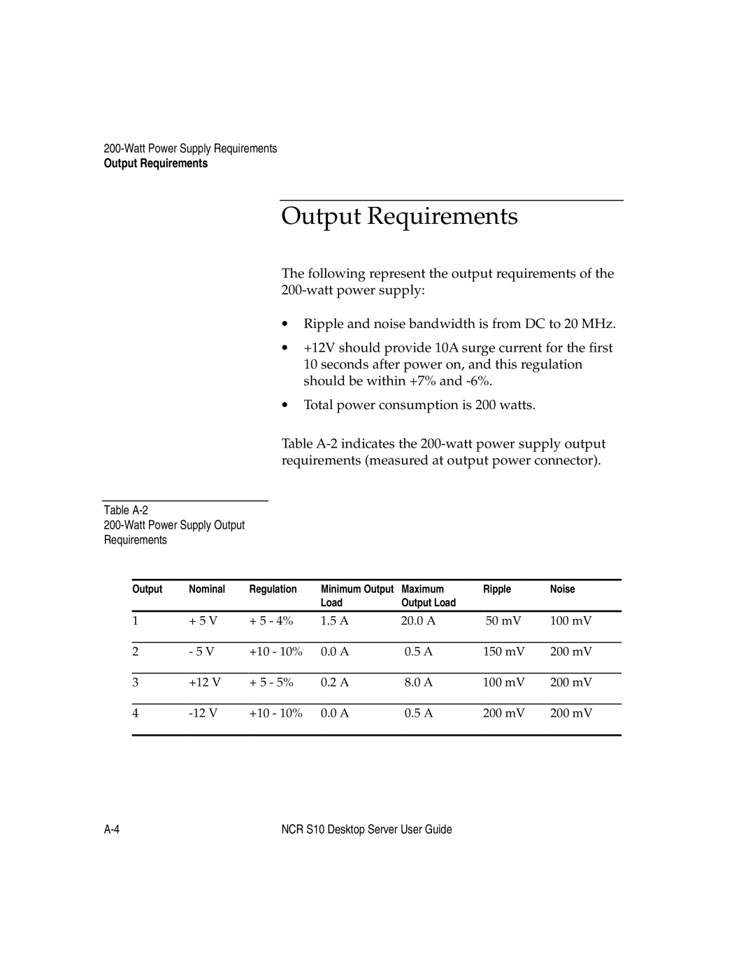 NCR S10 manual Table A-2 Watt Power Supply Output Requirements 