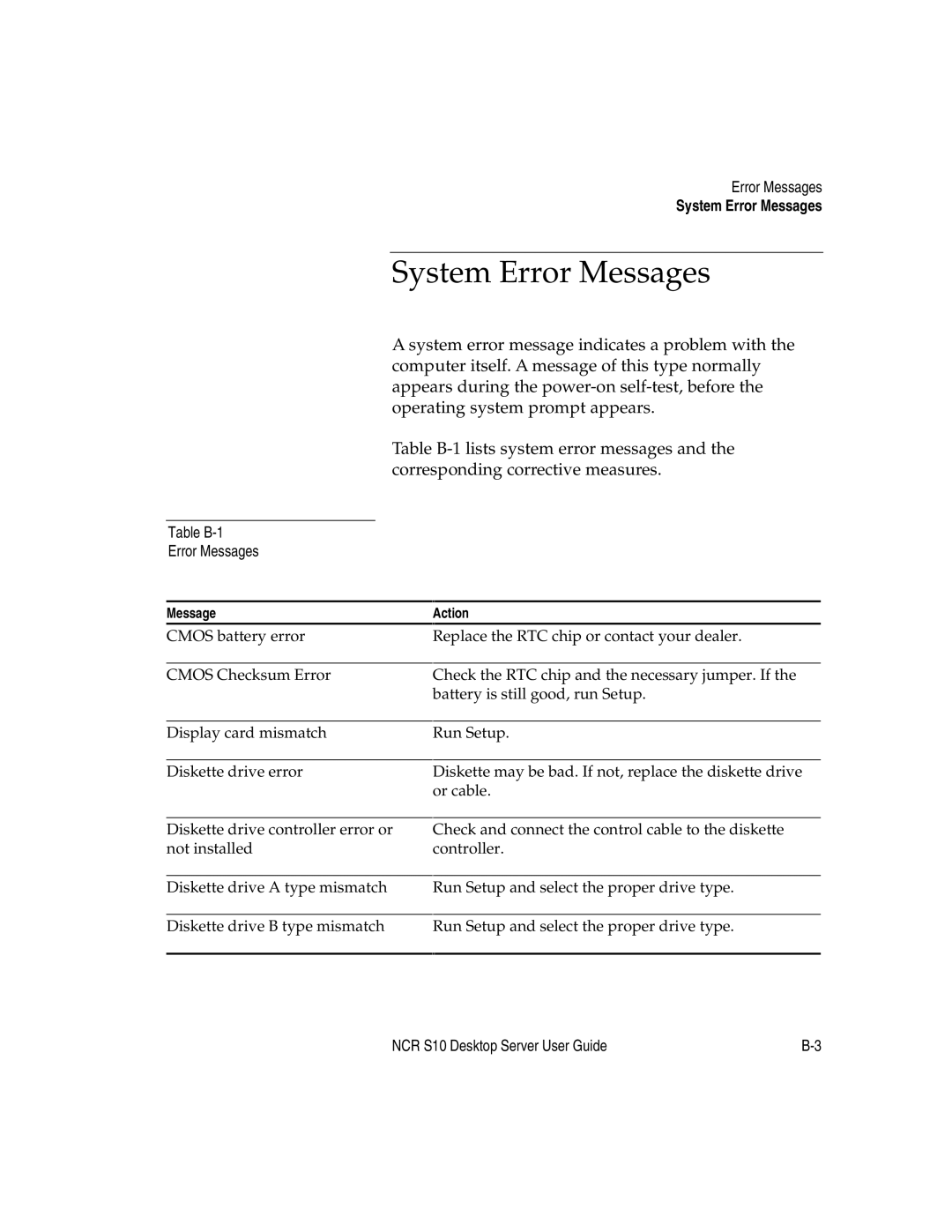 NCR S10 manual System Error Messages, Table B-1 Error Messages 