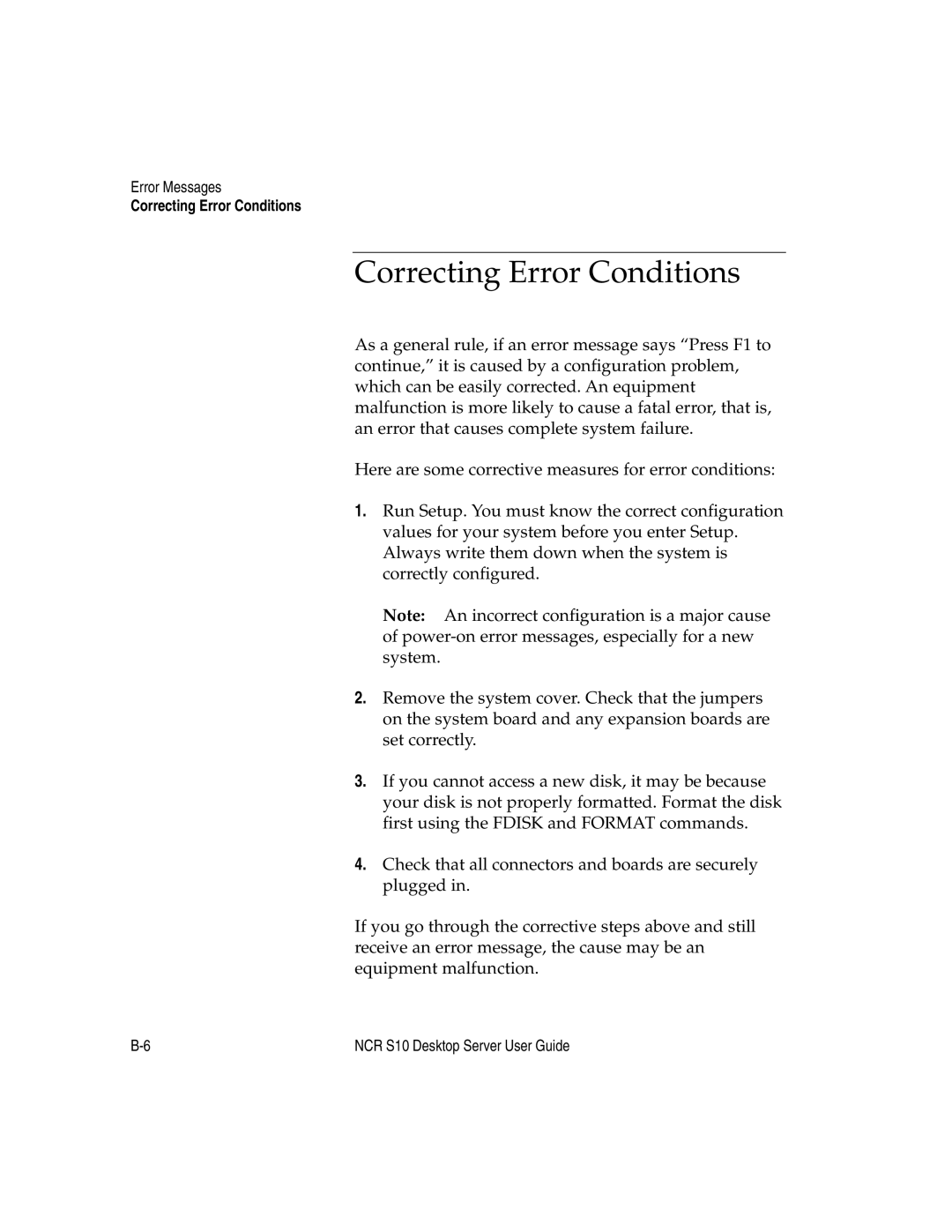 NCR S10 manual Correcting Error Conditions 