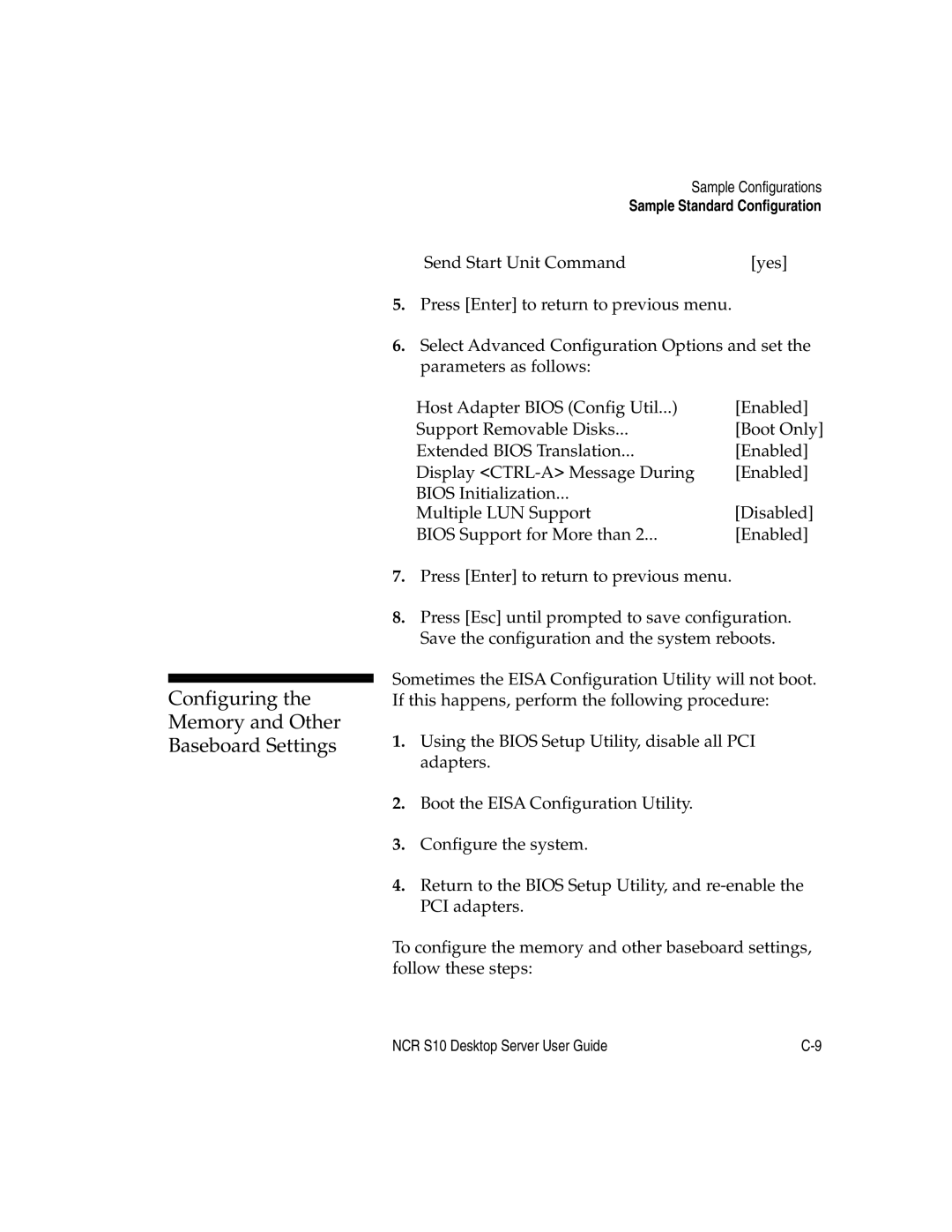 NCR S10 manual Configuring Memory and Other Baseboard Settings 