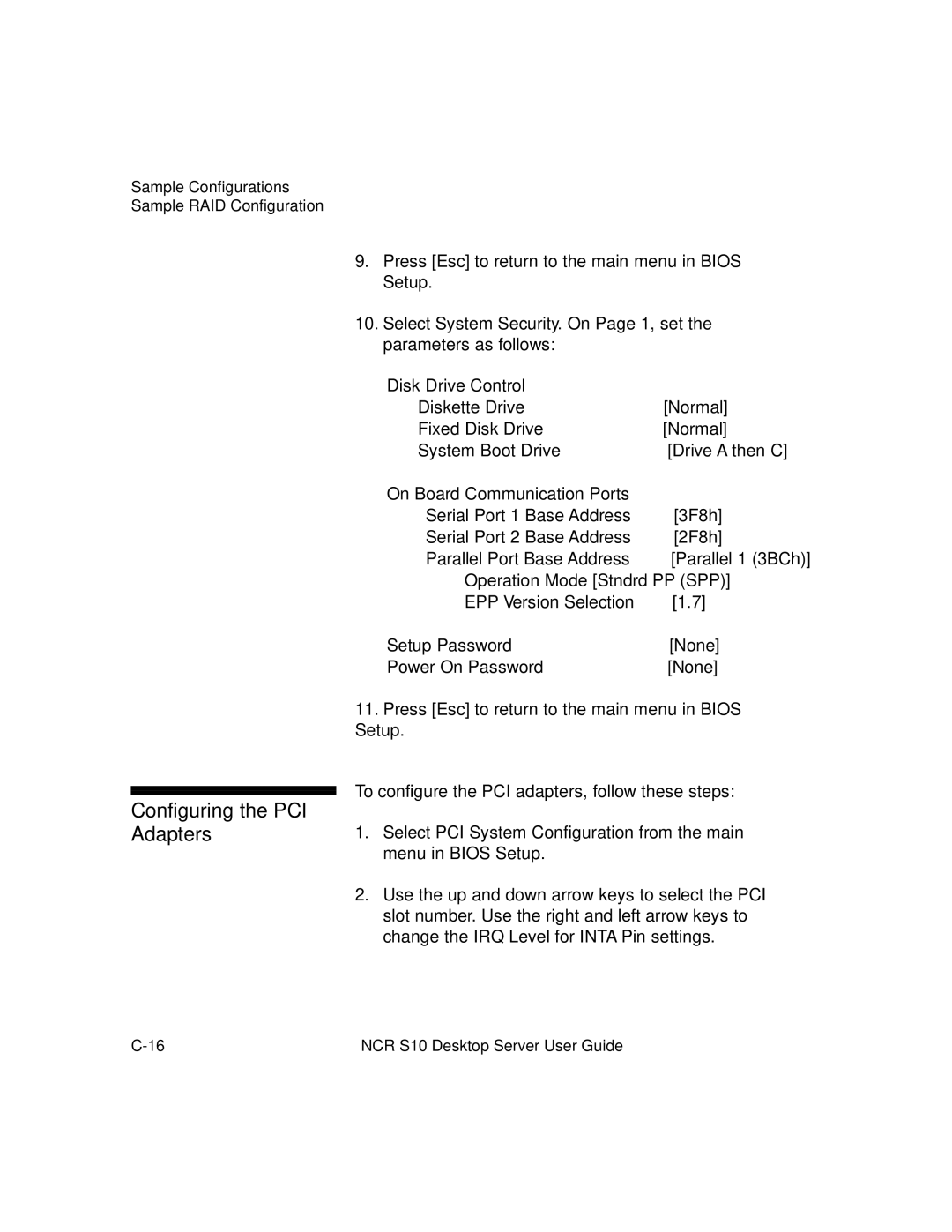 NCR S10 manual Configuring the PCI 