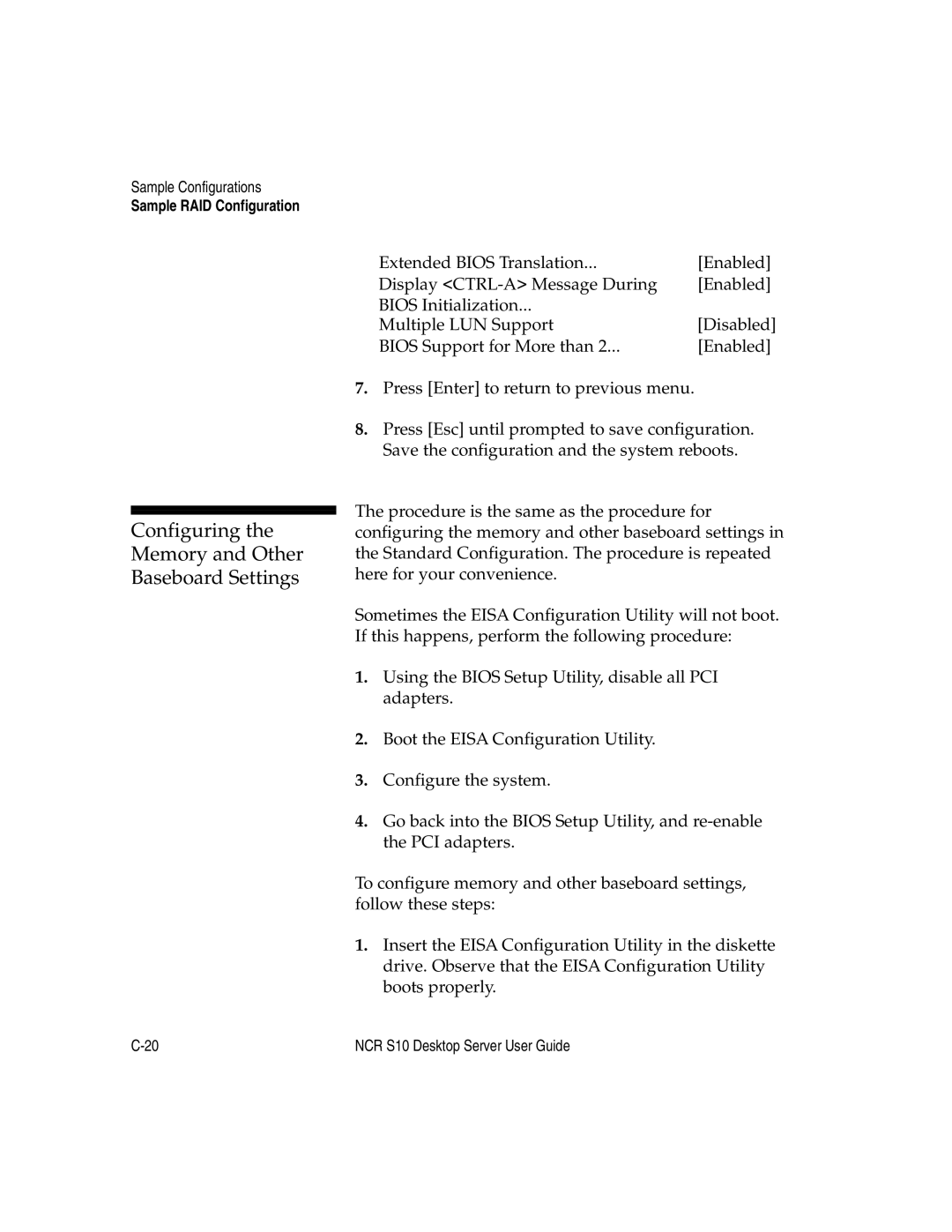 NCR S10 manual Configuring Memory and Other Baseboard Settings 