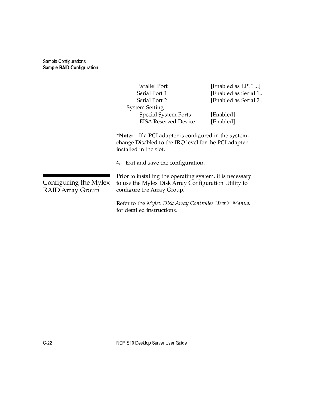 NCR S10 manual Configuring the Mylex RAID Array Group 