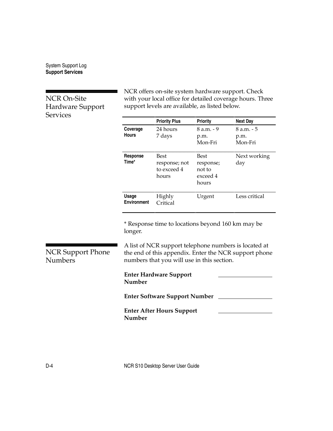 NCR S10 manual NCR On-Site Hardware Support Services, NCR Support Phone Numbers 