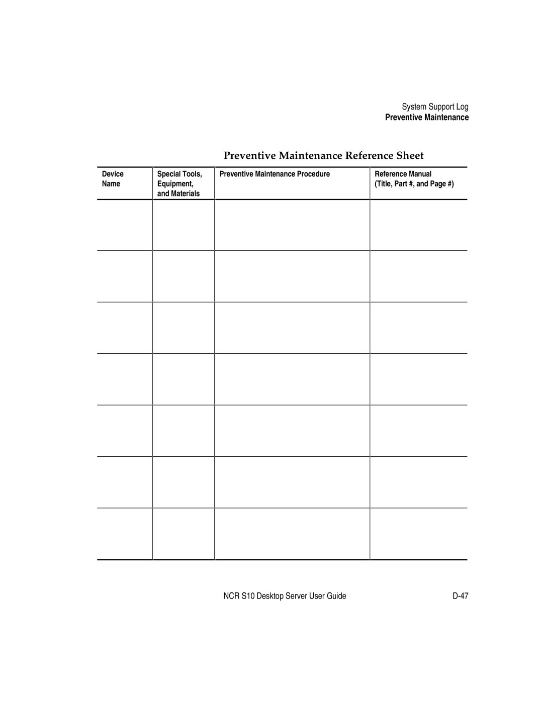 NCR S10 manual Preventive Maintenance Reference Sheet 