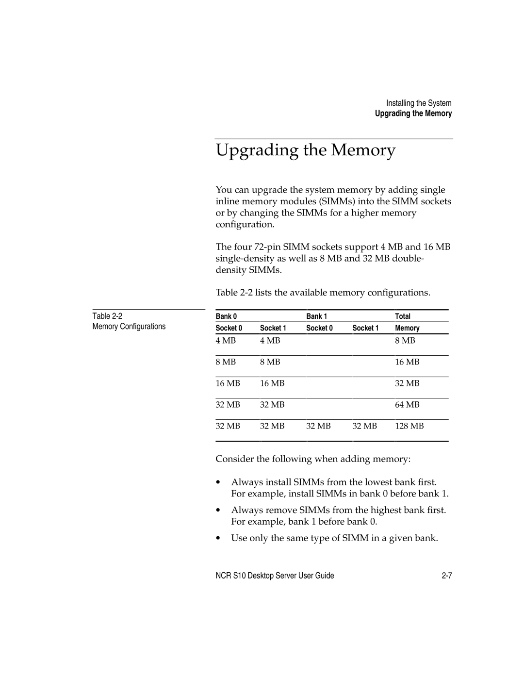 NCR S10 manual Upgrading the Memory, Memory Configurations Installing the System 