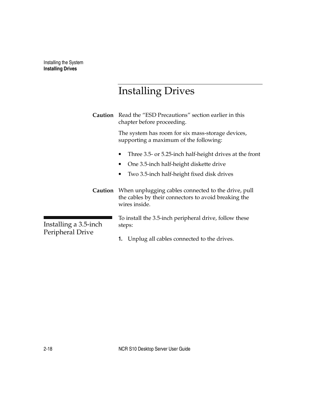 NCR S10 manual Installing Drives, Installing a 3.5-inch, Peripheral Drive 