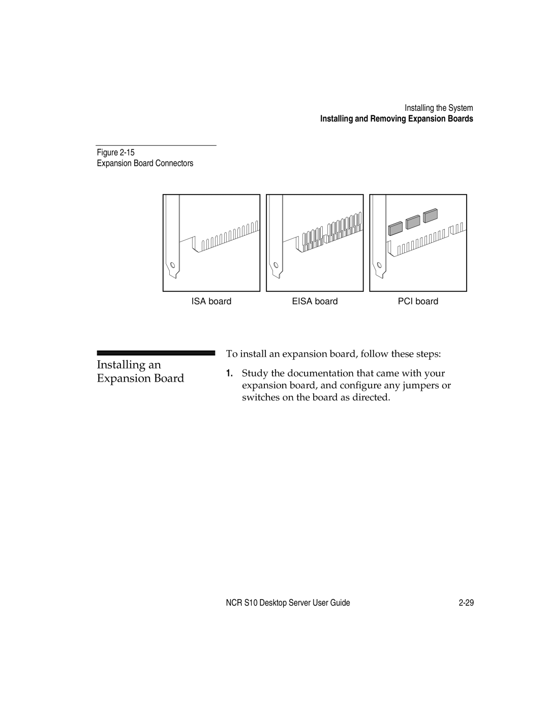 NCR S10 manual Installing an, Expansion Board Connectors ISA board Eisa board PCI board 