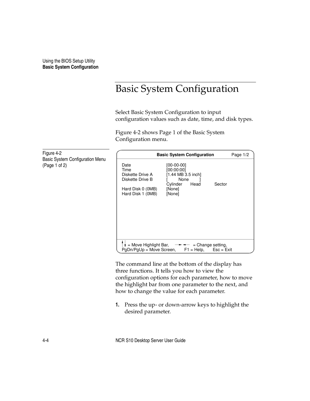 NCR S10 manual Basic System Configuration Menu Page 1 