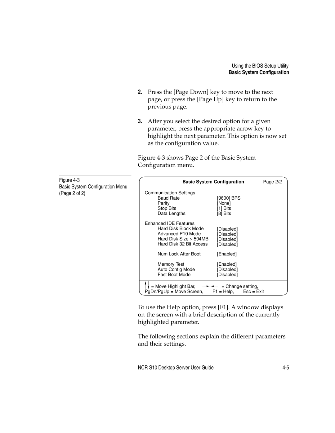 NCR S10 manual Shows Page 2 of the Basic System Configuration menu 