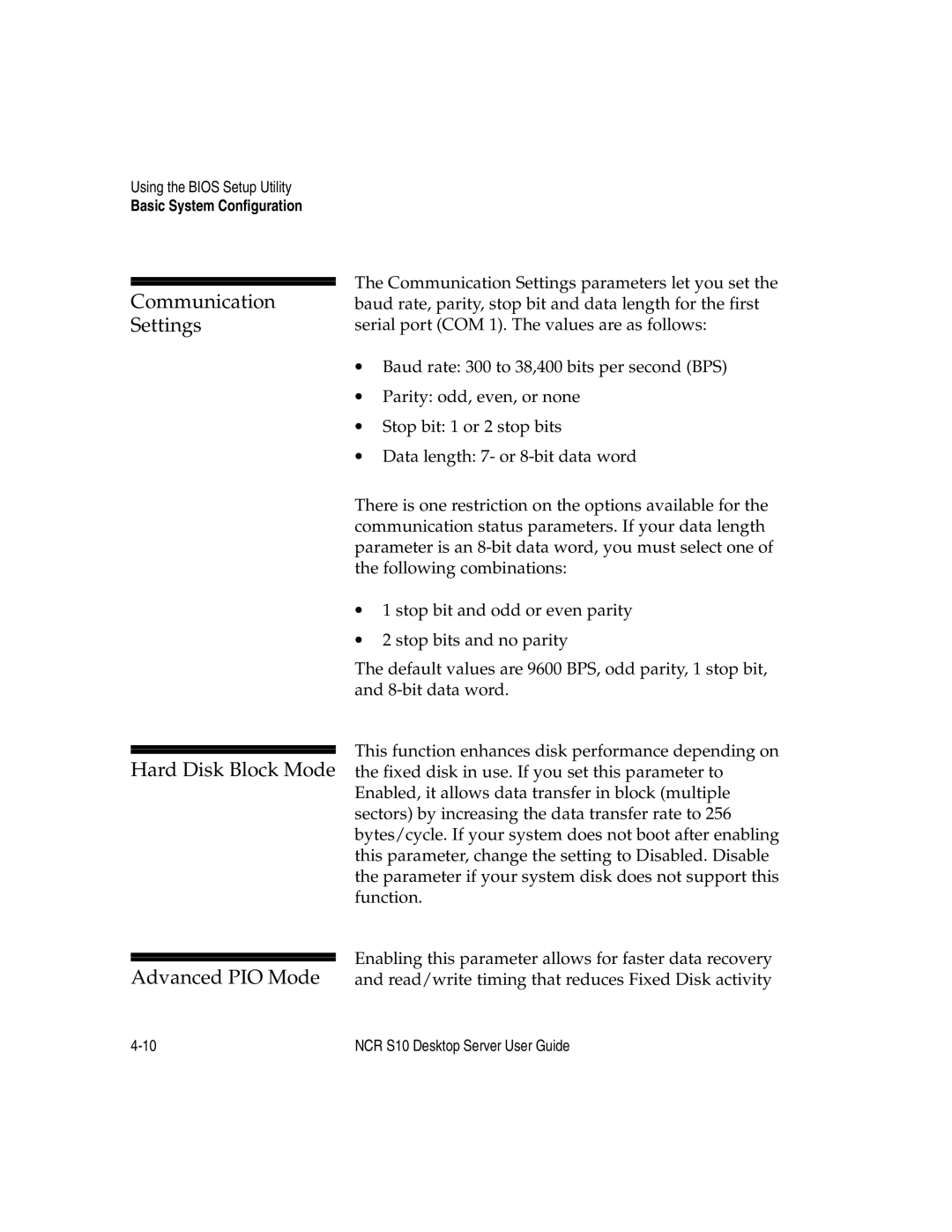 NCR S10 manual Communication Settings 