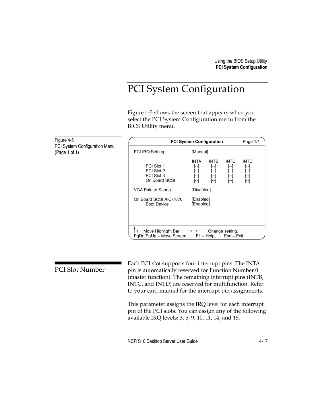 NCR S10 manual PCI Slot Number, PCI System Configuration Menu Page 1 