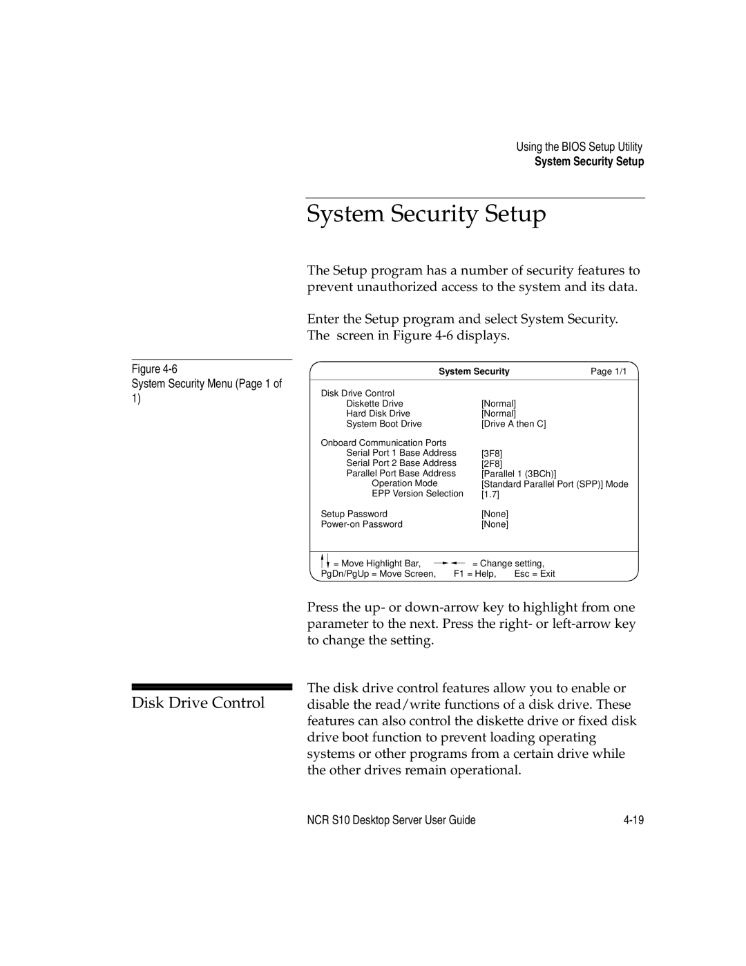 NCR S10 manual System Security Setup, Disk Drive Control, System Security Menu Page 1 Using the Bios Setup Utility 