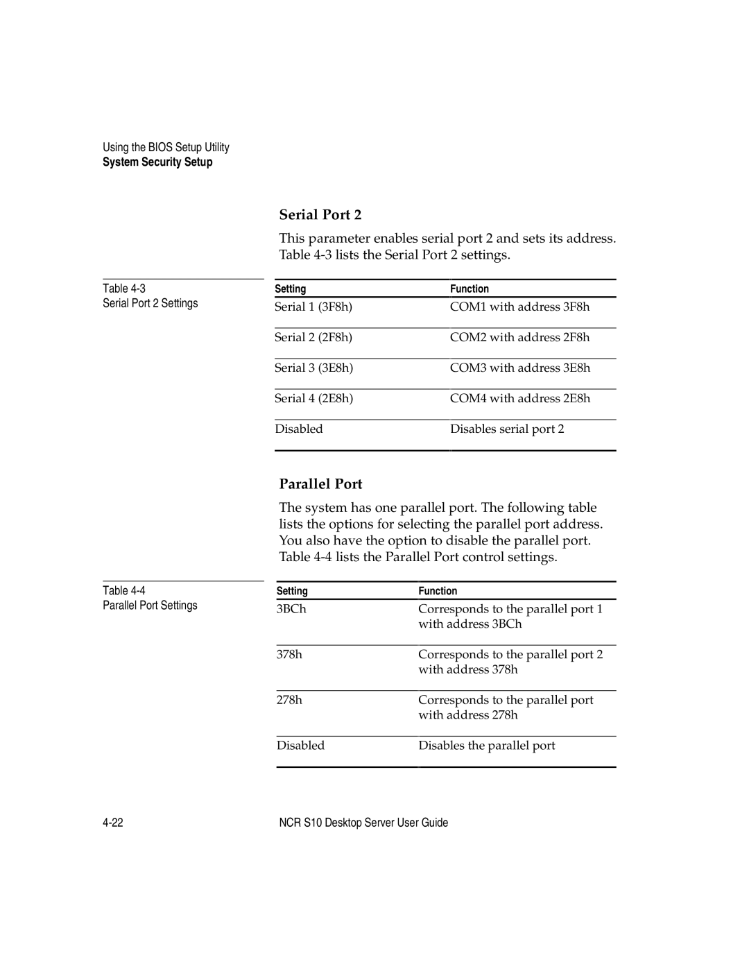 NCR S10 manual Serial Port 2 Settings, Parallel Port Settings 