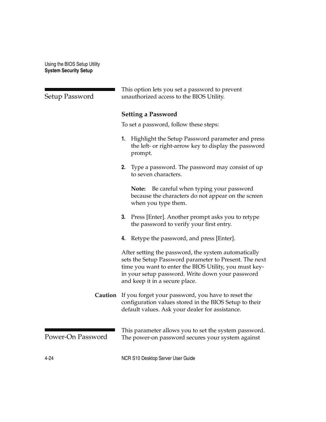 NCR S10 manual Setup Password, Power-On Password, Setting a Password 