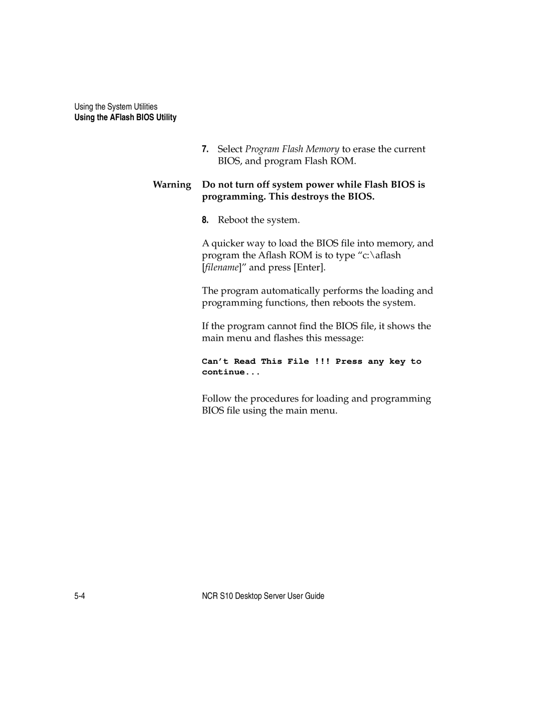 NCR S10 manual Programming. This destroys the Bios 