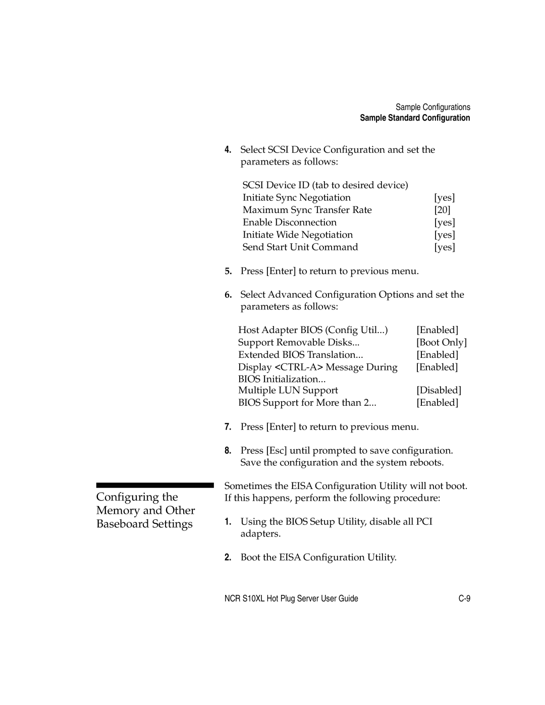 NCR S10XL manual Configuring Memory and Other Baseboard Settings 