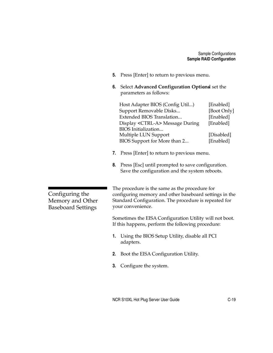 NCR S10XL manual Configuring Memory and Other Baseboard Settings 