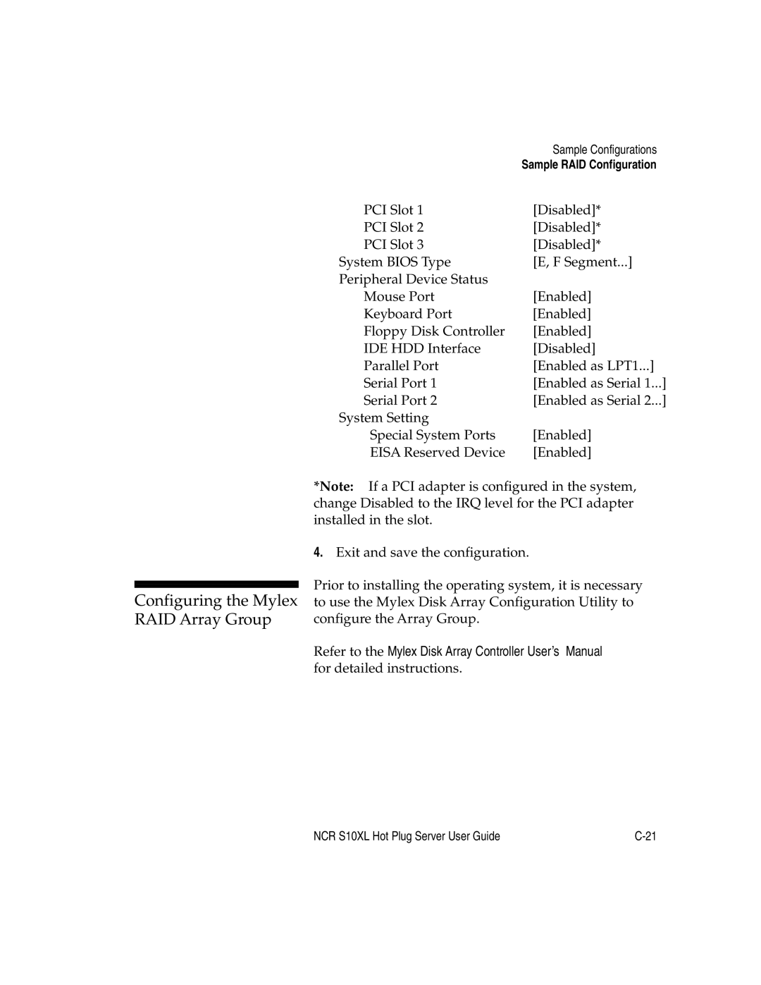 NCR S10XL manual Configuring the Mylex RAID Array Group 